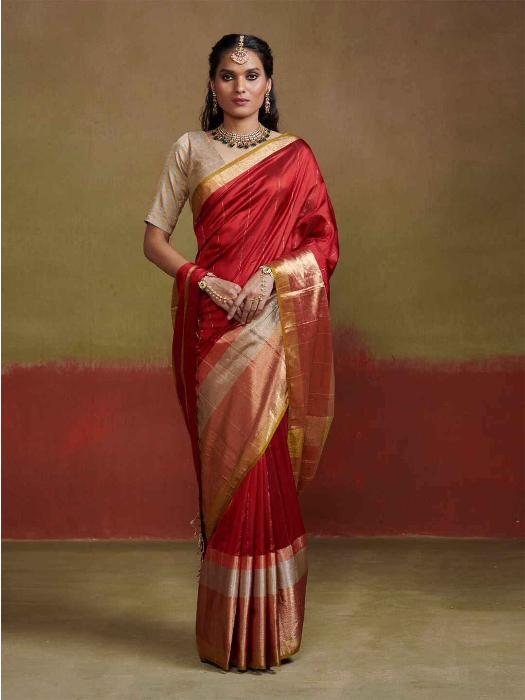 

Dressfolk Striped Woven Design Zari Pure Silk Saree, Red