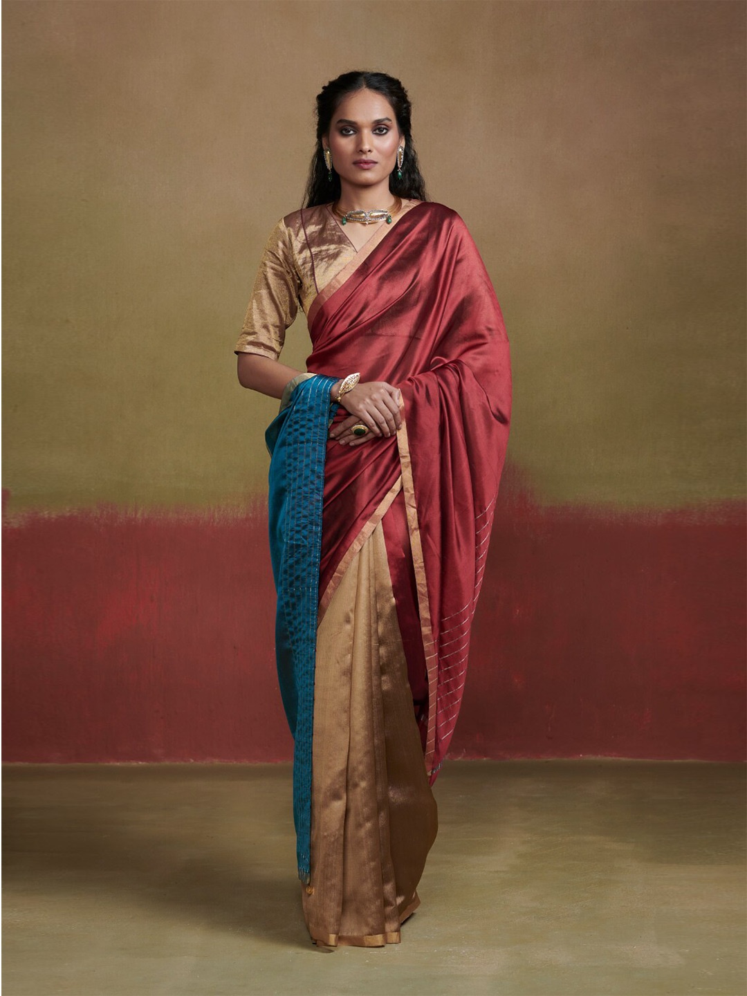 

Dressfolk Sahiba Colourblocked Chanderi Pure Silk Saree, Maroon