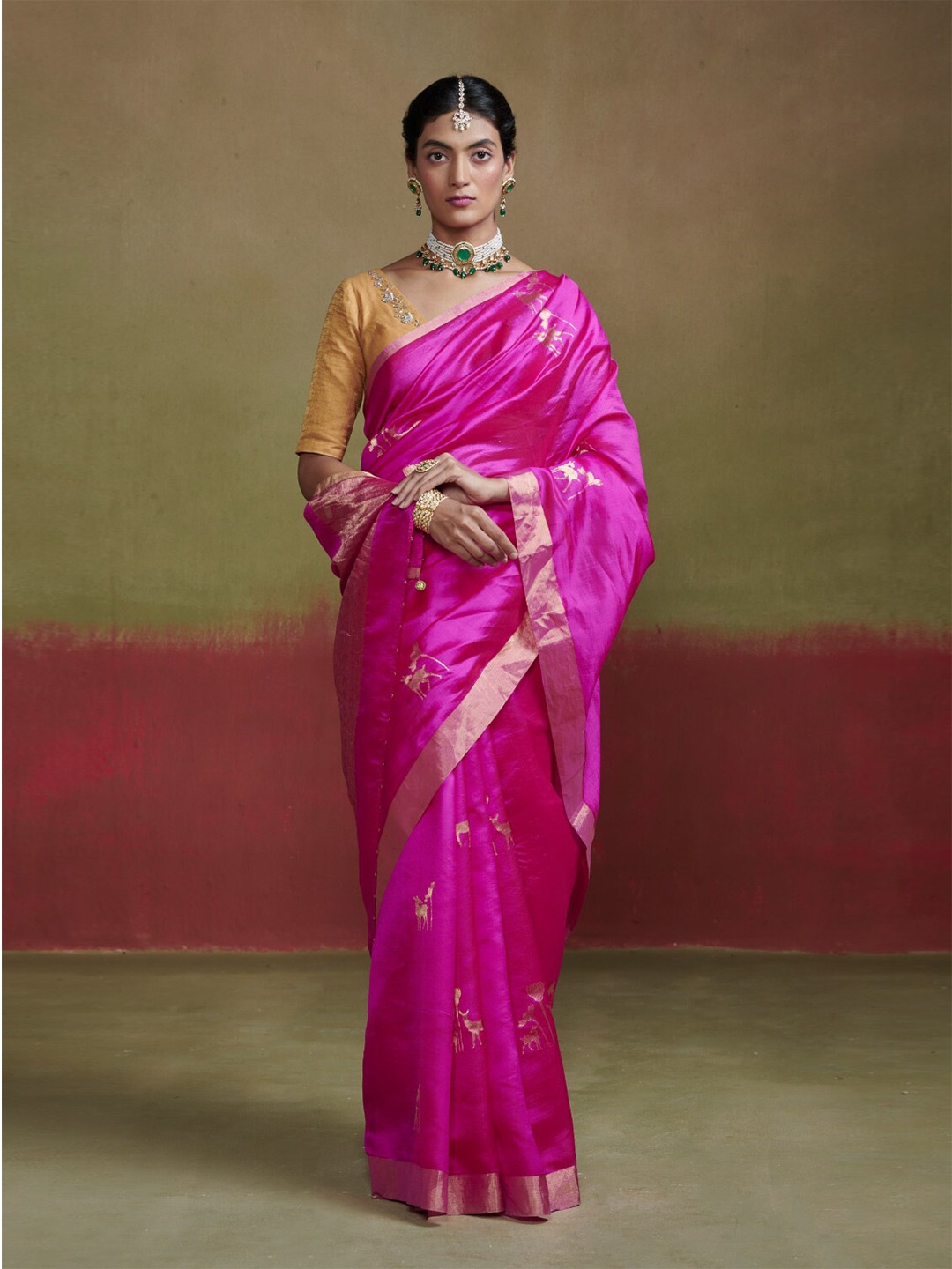 

Dressfolk Hiranmayi Ethnic Motifs Zari Chanderi Pure Silk Saree, Fuchsia