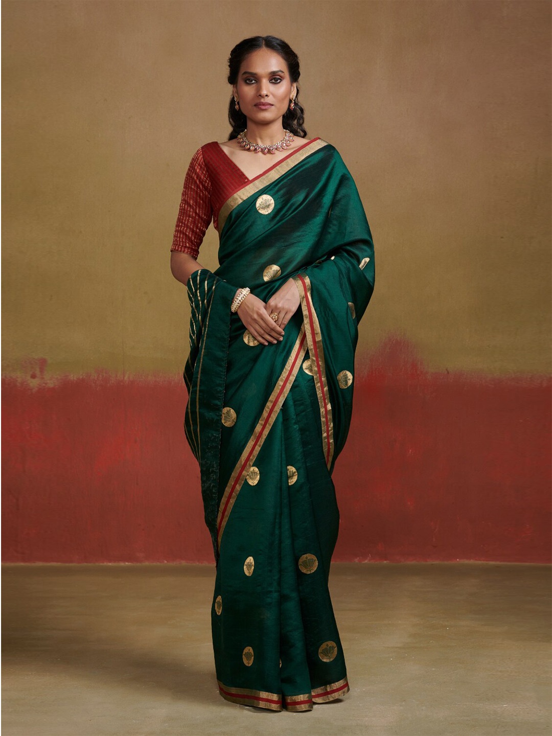 

Dressfolk Sunehri Woven Design Zari Chanderi Pure Silk Saree, Green