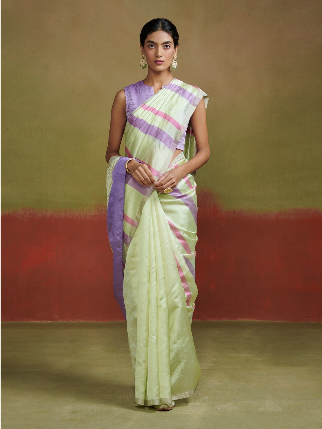 

Dressfolk Striped Zari Pure Silk Saree, Lime green