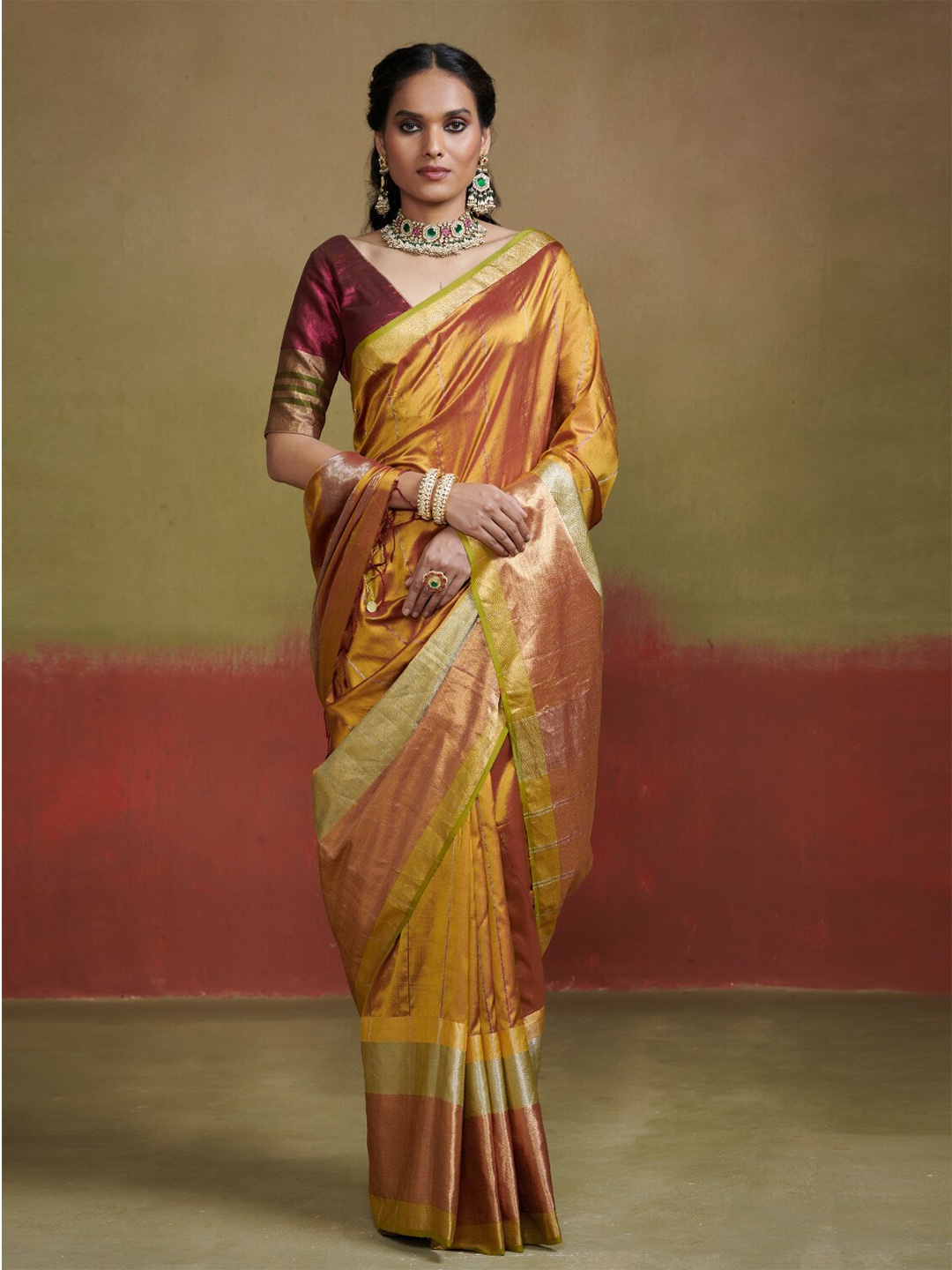 

Dressfolk Striped Zari Pure Silk Saree, Mustard