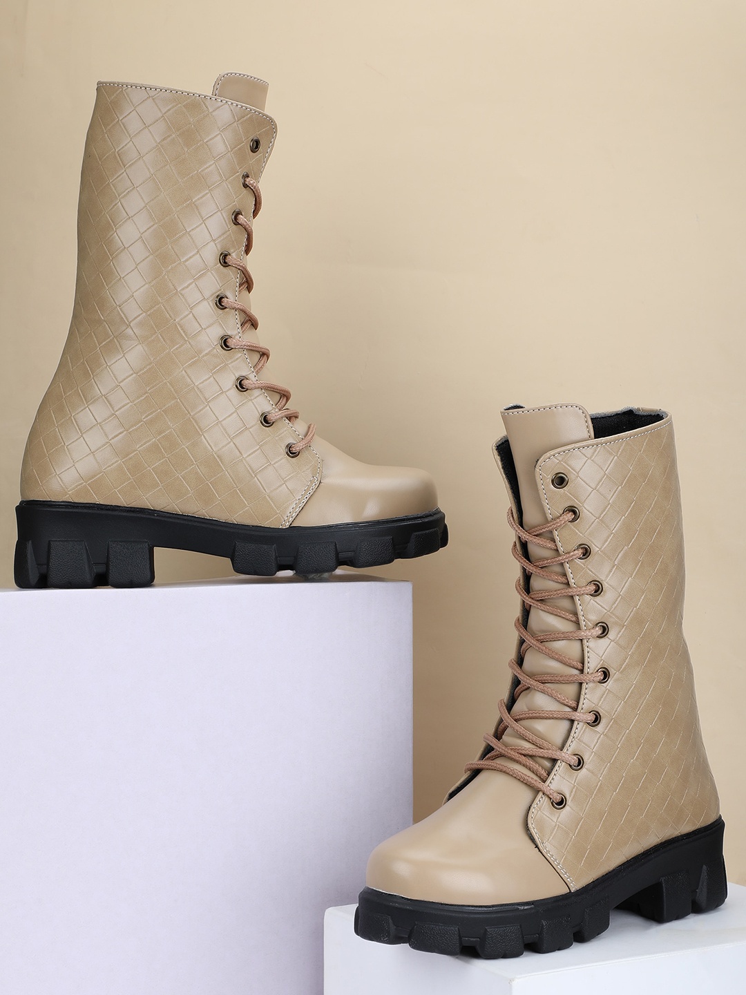 

FASHIMO Women Textured Block-Heeled High-Top Regular Boots, Cream