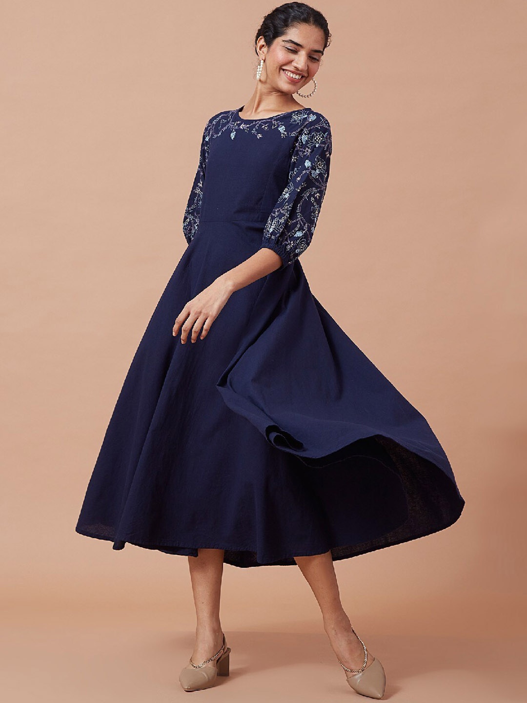 OKHAI Joyous Floral Embroidered Pure Cotton Midi Ethnic Dress, Navy blue
