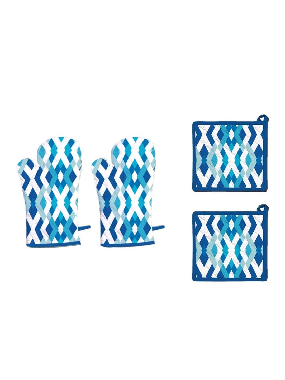

Lushomes Blue & White 4 Pieces Printed Pure Cotton Oven Gloves & Mitten Gloves