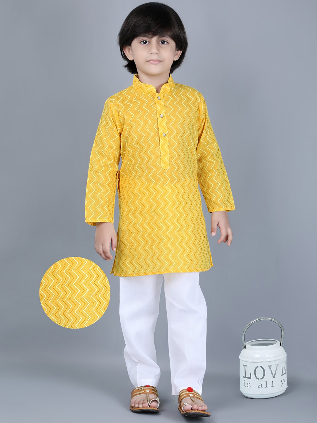 

KIDS FARM Boys Chevron Embroidered Regular Thread Work Cotton Silk Kurta With Pyjama, Yellow