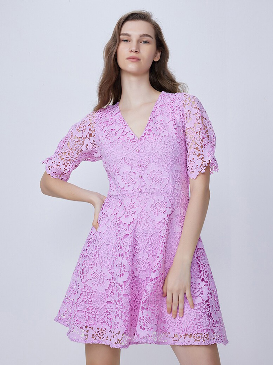 

COVER STORY Purple Floral Self Design Lace Fit & Flare Party Dress