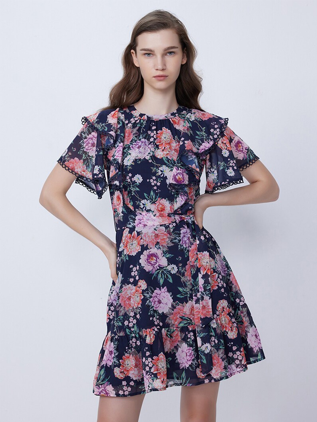 

COVER STORY Navy Blue Floral Printed Flared Sleeve Fit & Flare Dress