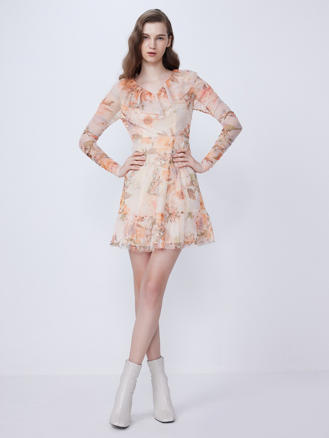 

COVER STORY Beige Floral Printed V-Neck Gathered Detail Net A-Line Dress