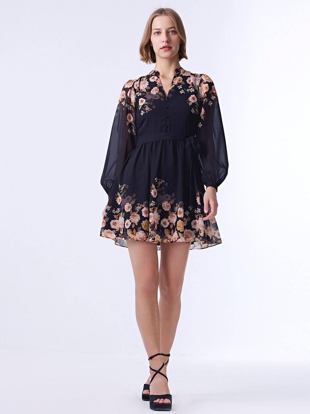 

COVER STORY Black Floral Print Cuffed Sleeves Georgette Mini Dress