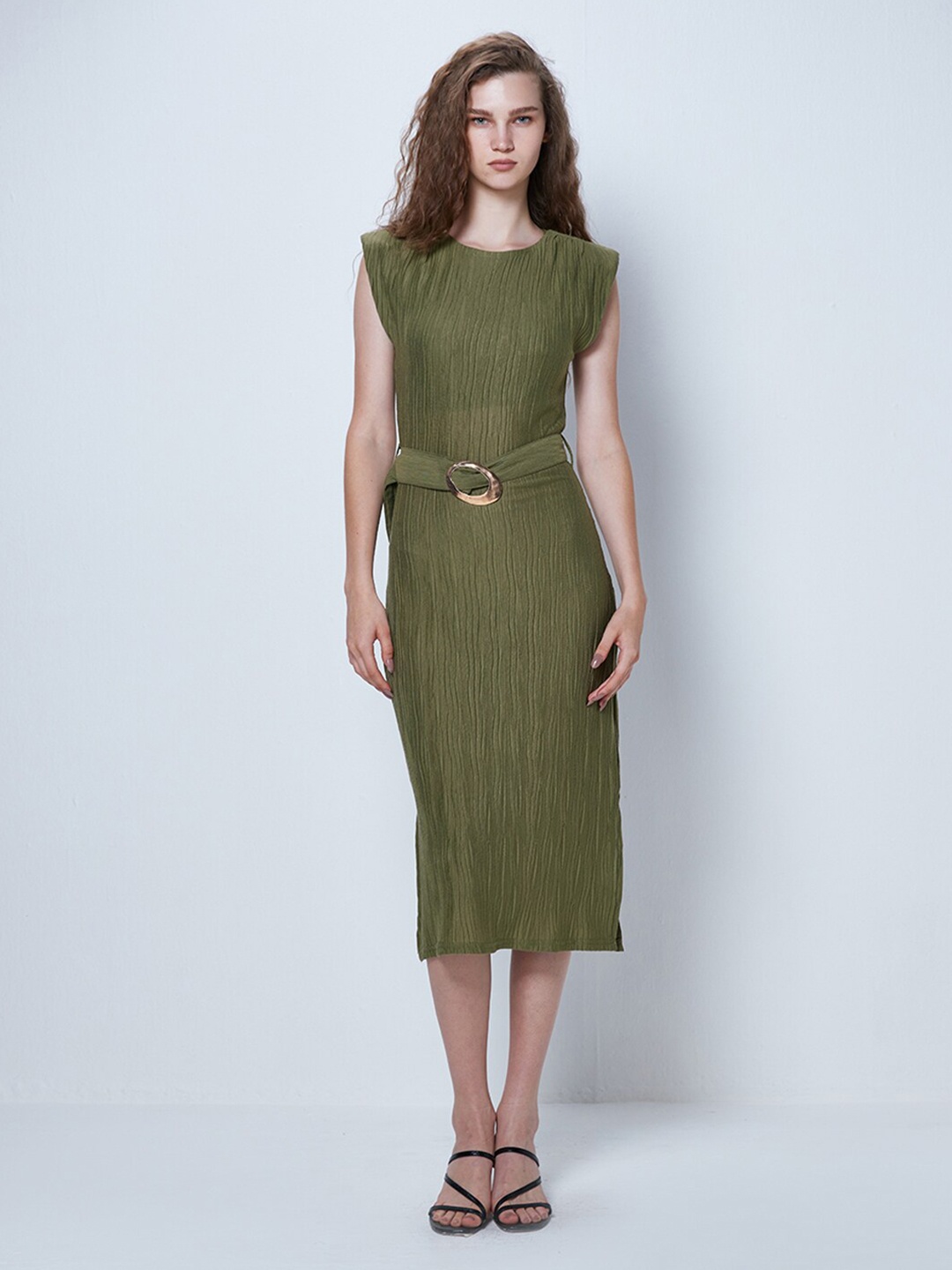 

COVER STORY Olive Self Design Cap Sleeves Sheath Dress