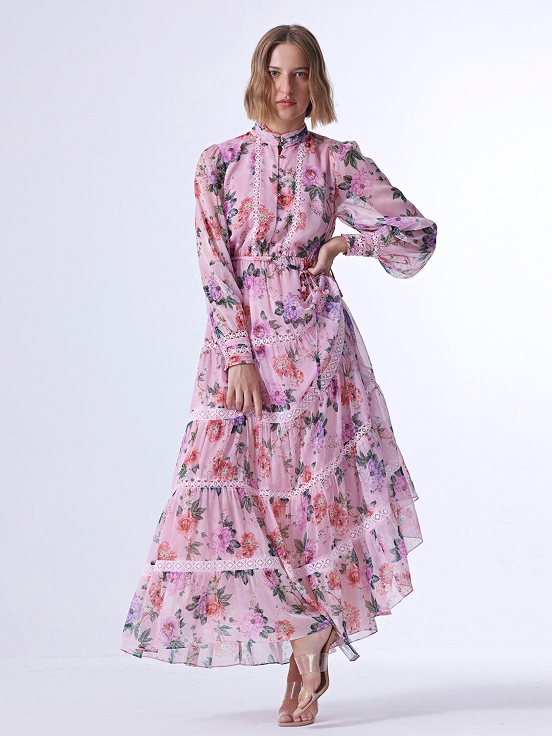 

COVER STORY Pink & Purple Floral Printed Mandarin Collar Puff Sleeves Maxi Dress