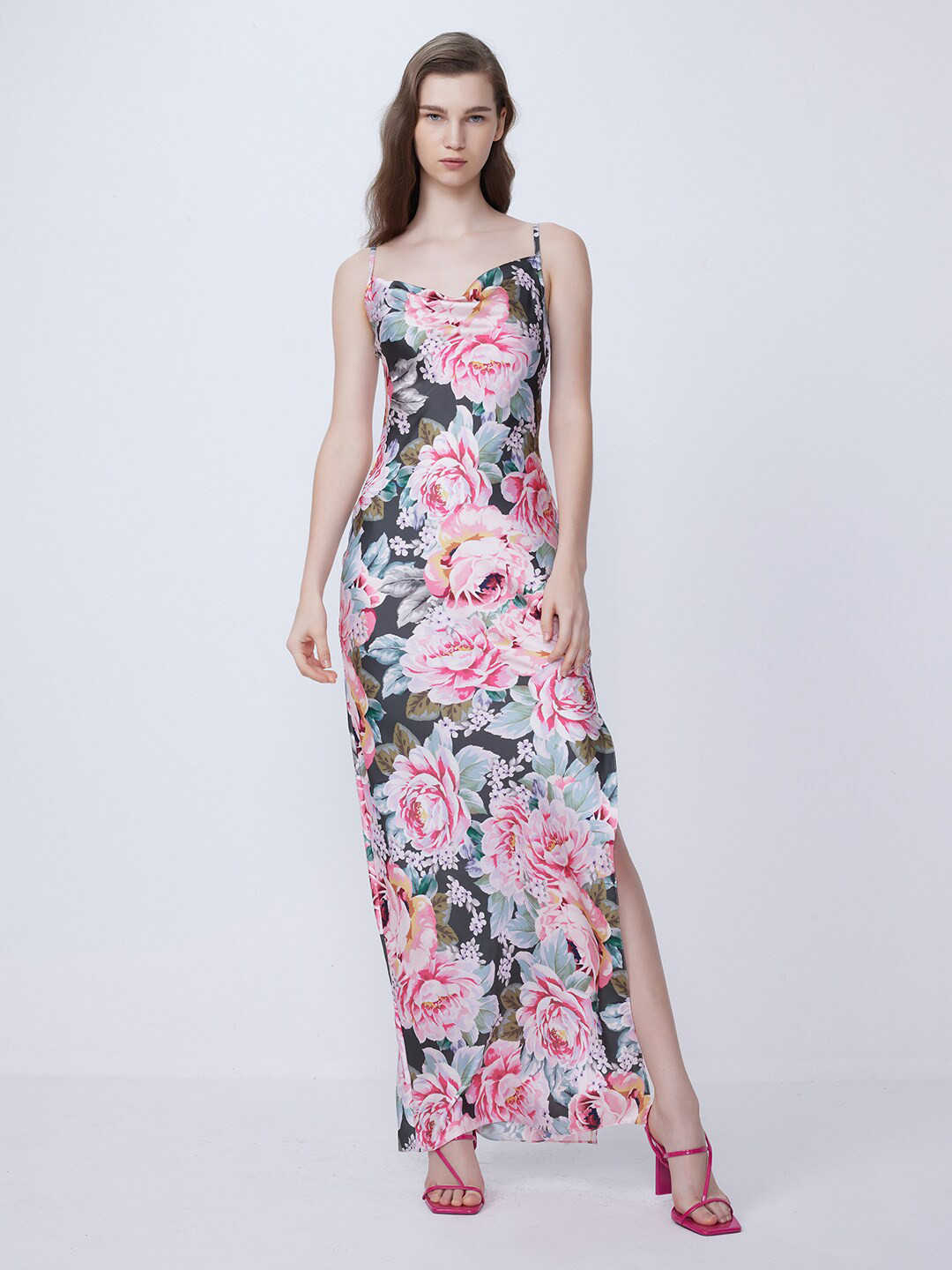 

COVER STORY Green Floral Printed Cowl Neck Shoulder Straps Maxi Dress