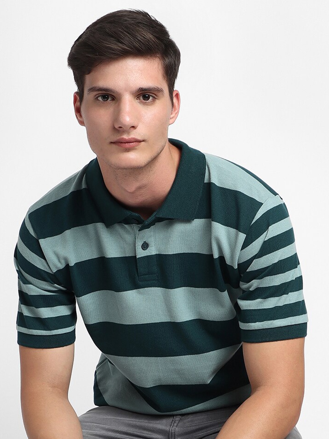 

Dennis Lingo Striped Polo Collar Cotton T-shirt, Teal