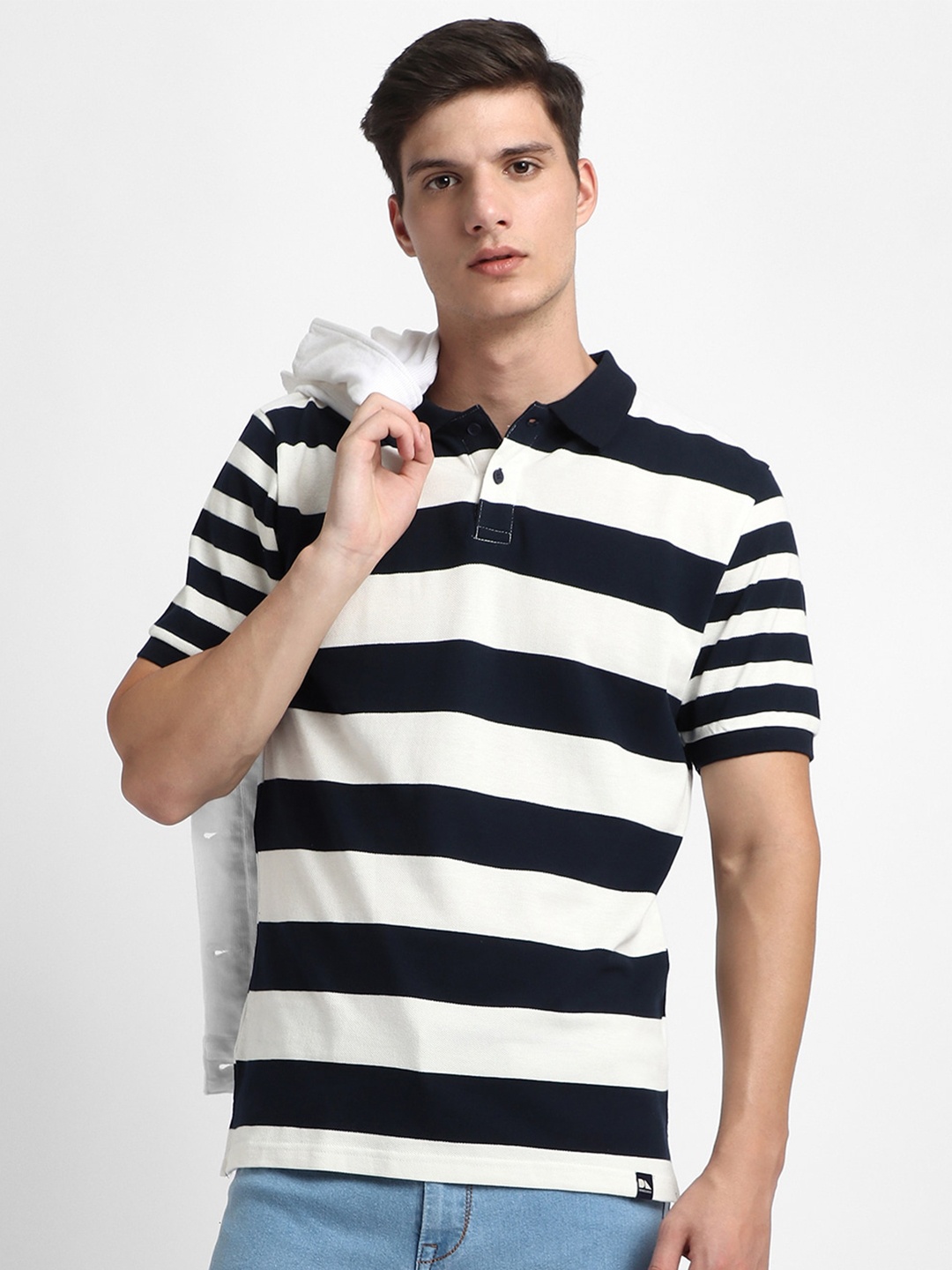 

Dennis Lingo Striped Polo Collar Cotton T-shirt, Navy blue