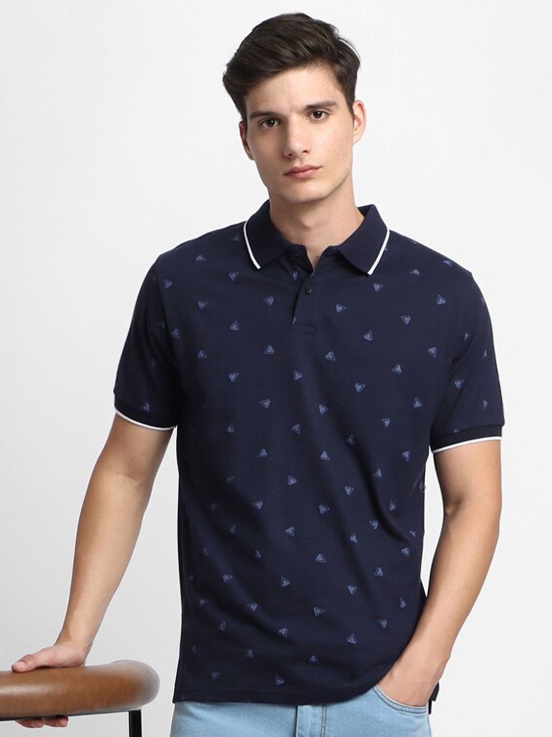 

Dennis Lingo Printed Polo Collar Cotton T-shirt, Navy blue