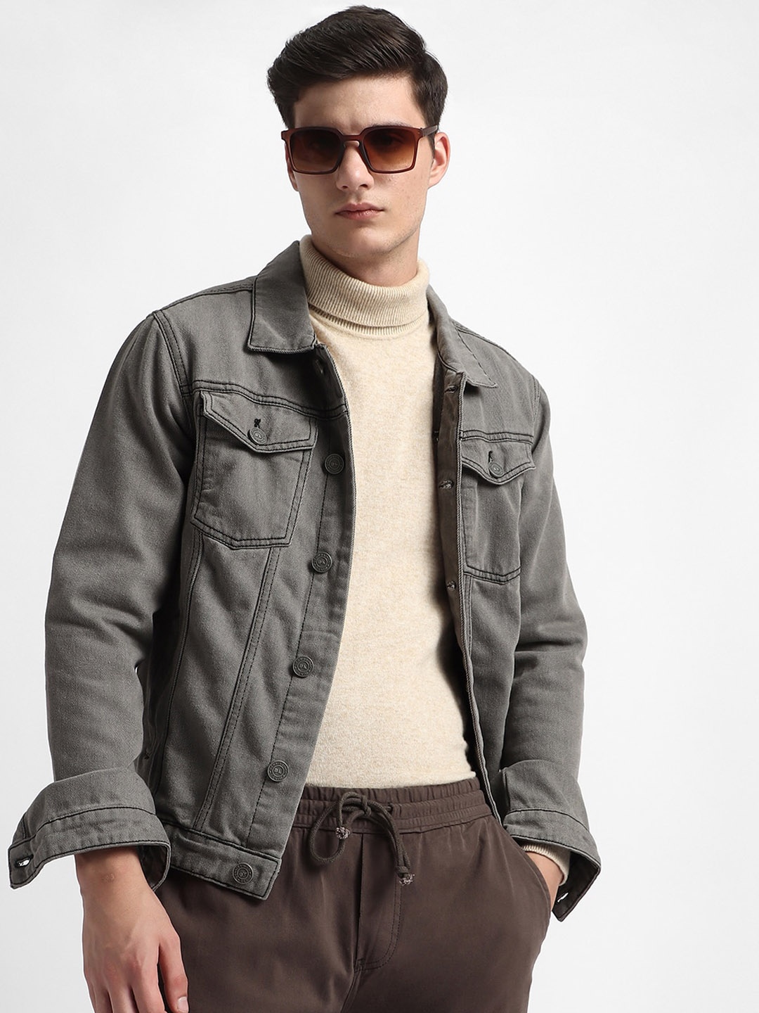 

Dennis Lingo Spread Collar Pure Cotton Denim Jacket, Grey