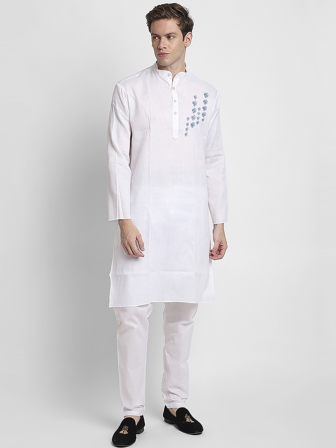 

DEVOILER Ethnic Motifs Printed Band Collar Regular Kurta, White