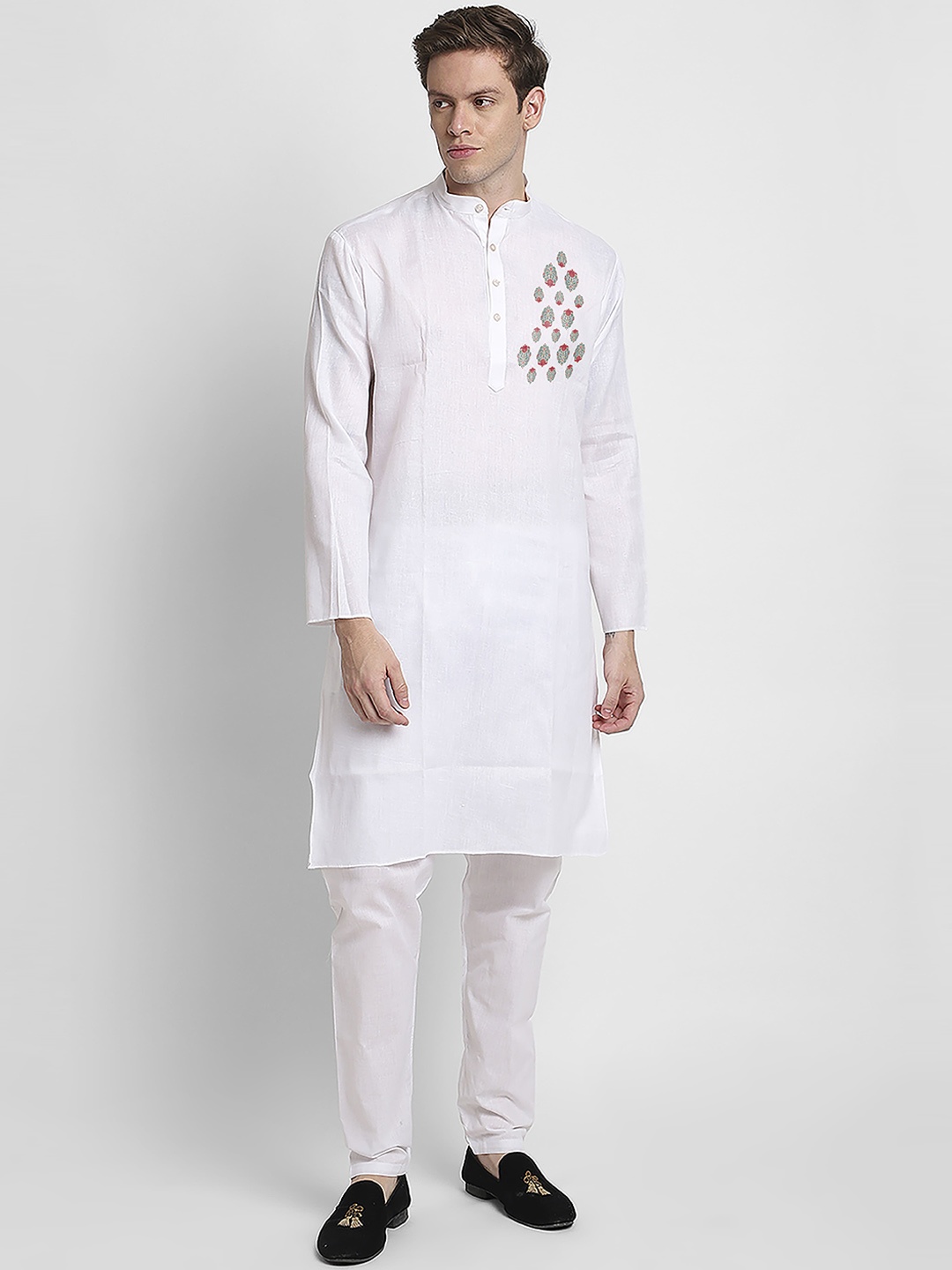 

DEVOILER Ethnic Motifs Printed Band Collar Straight Kurta, White