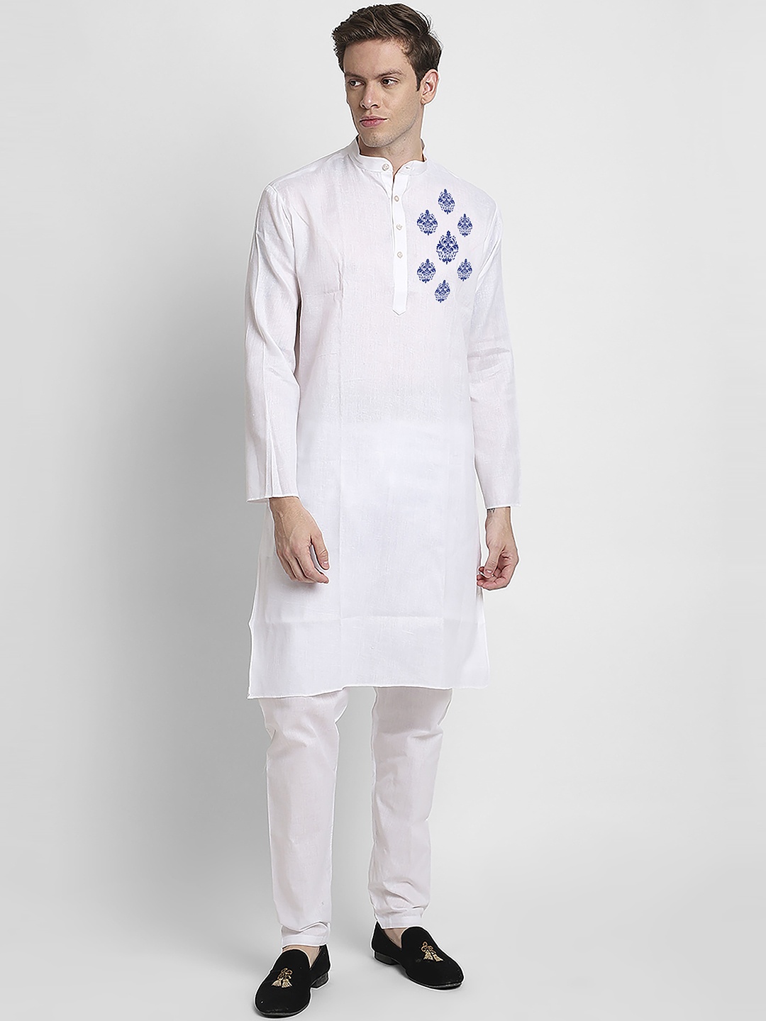 

DEVOILER Ethnic Motifs Printed Band Collar Straight Kurta, White