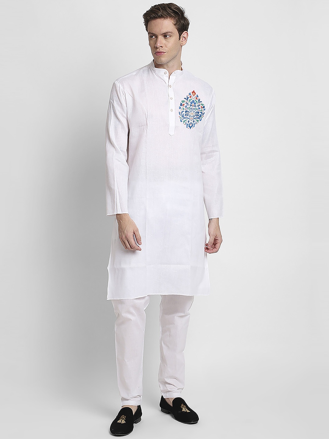 

DEVOILER Ethnic Motifs Printed Band Collar Straight Kurta, White