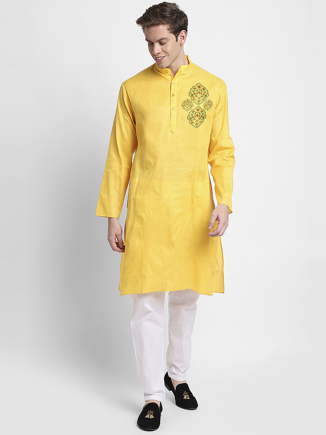 

DEVOILER Ethnic Motifs Digital Printed Band Collar Kurta, Yellow