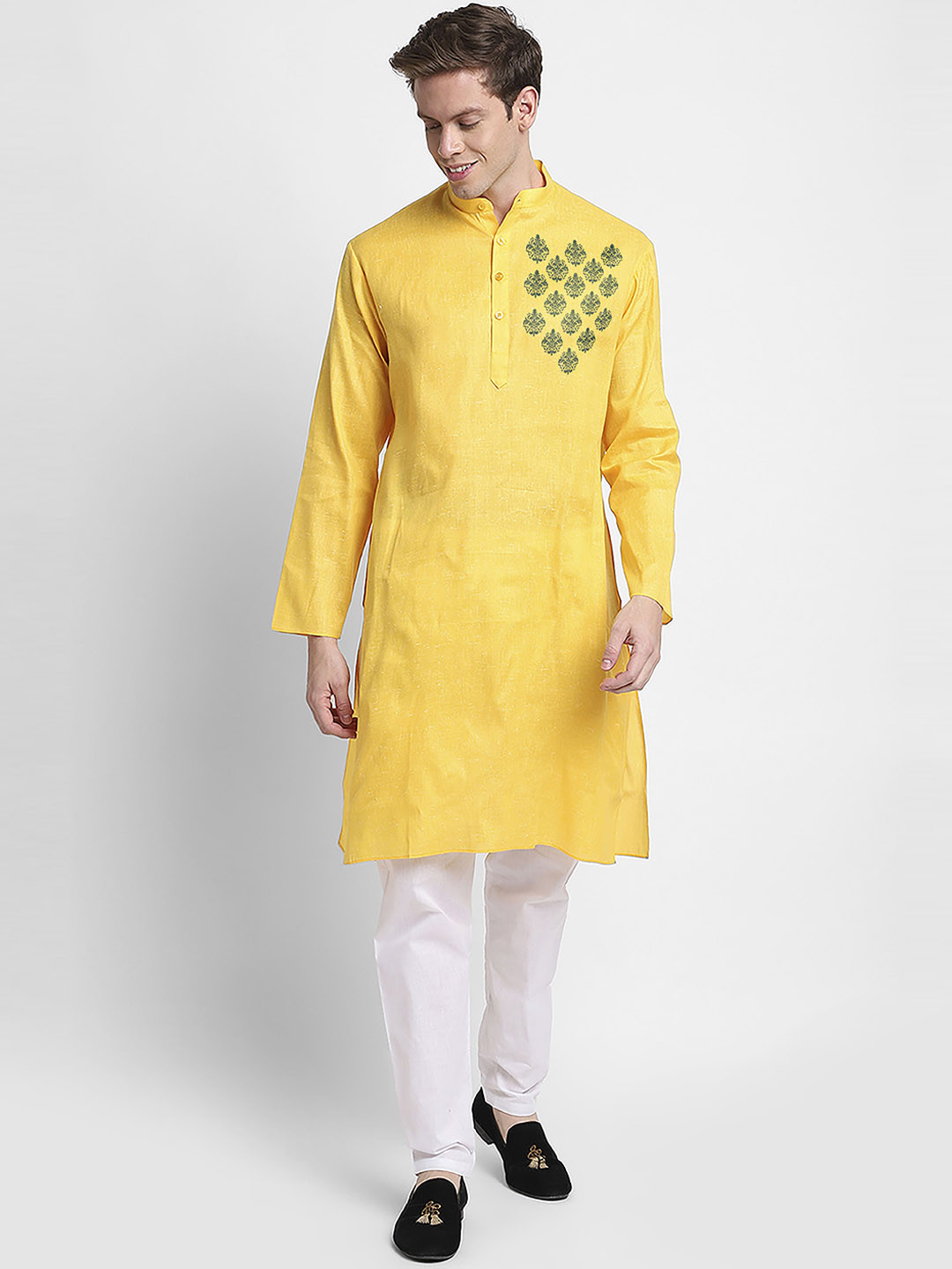 

DEVOILER Printed Band Collar Kurta, Yellow