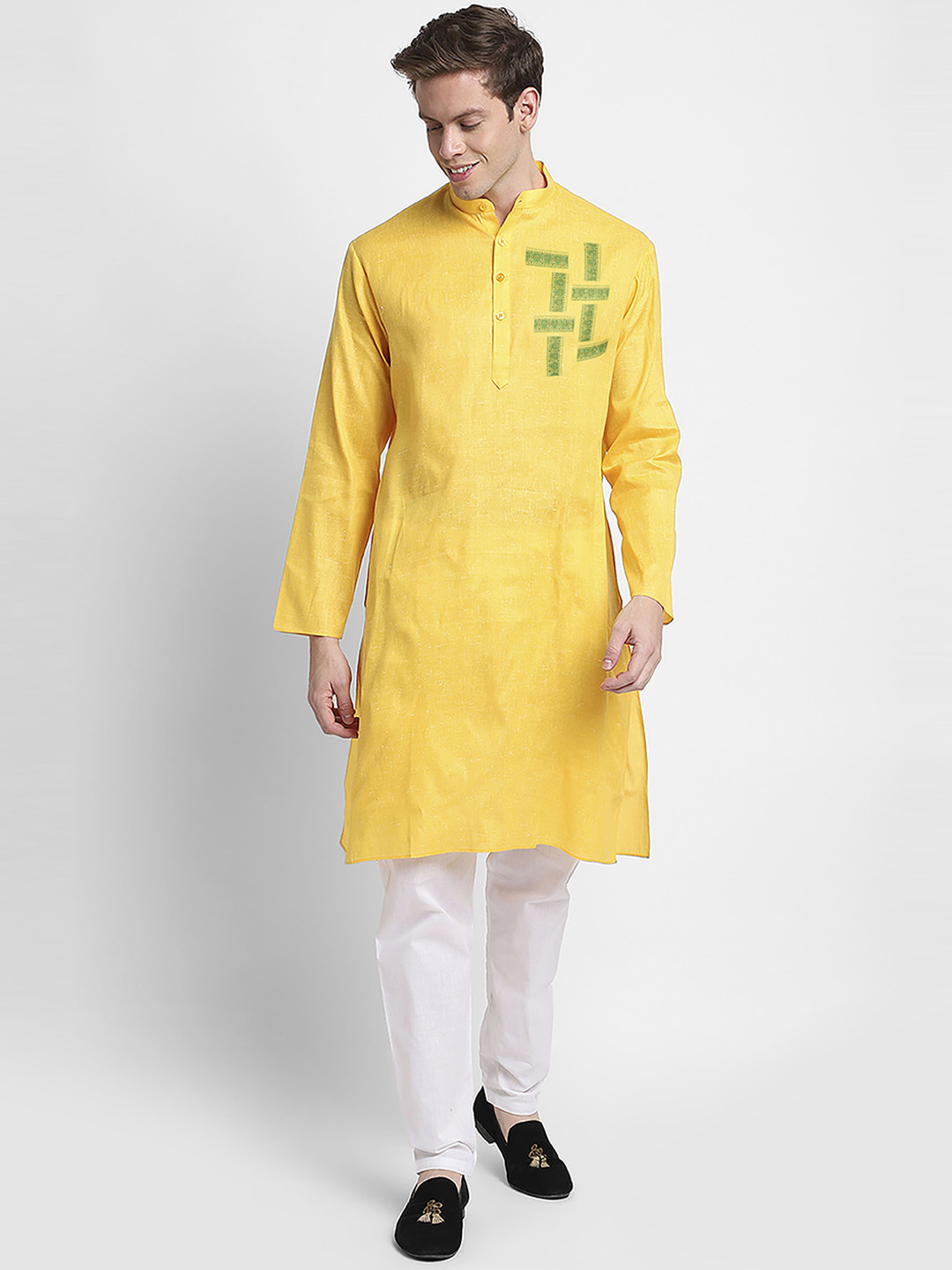 

DEVOILER Ethnic Motifs Printed Band Collar Straight Kurta, Yellow