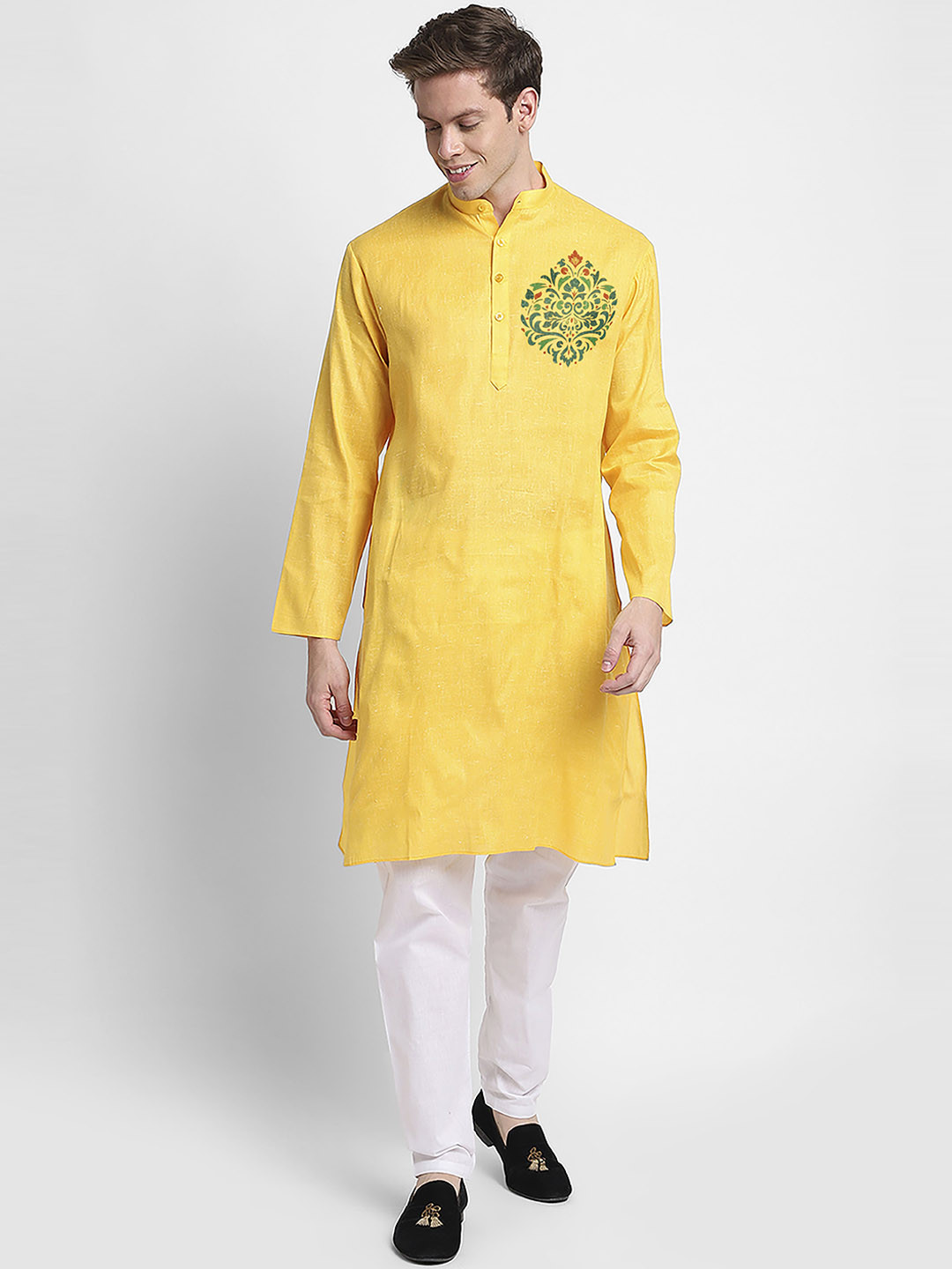 

DEVOILER Ethnic Motifs Printed Band Collar Straight Kurta, Yellow