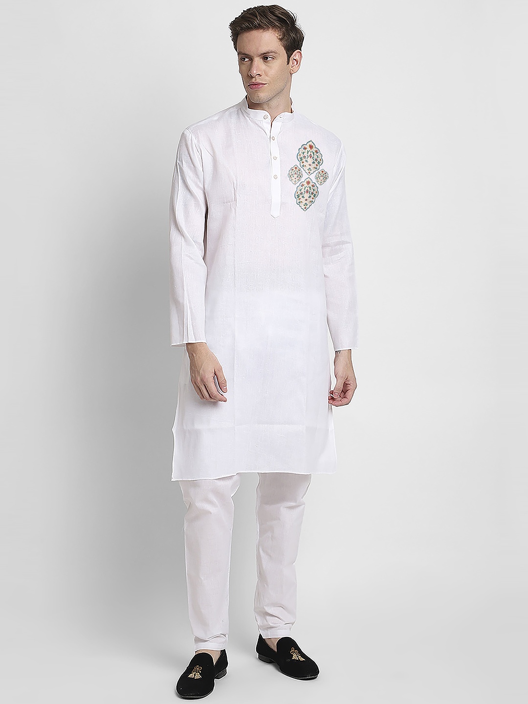 

DEVOILER Ethnic Motifs Printed Band Collar Straight Kurta with Pyjamas, White