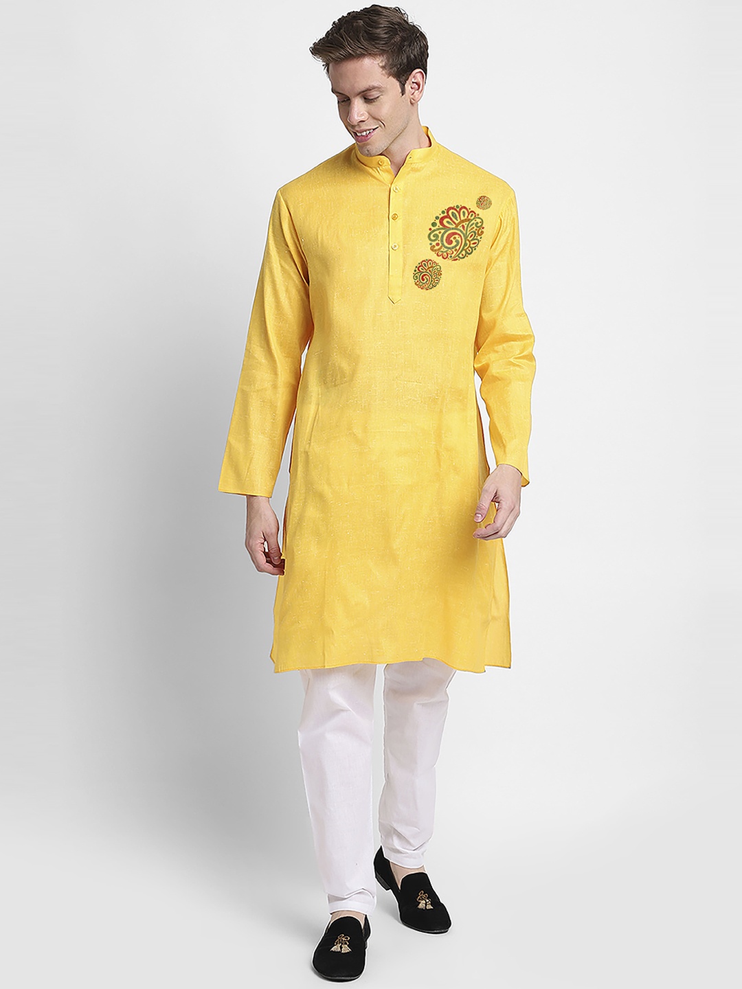 

DEVOILER Ethnic Motifs Printed Band Collar Straight Kurta With Pyjama, Yellow