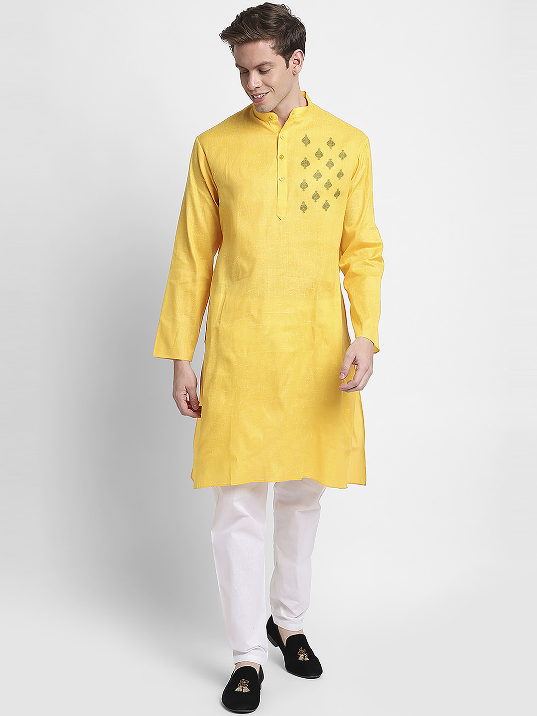 

DEVOILER Ethnic Motifs Printed Band Collar Straight Kurta With Pyjama, Yellow