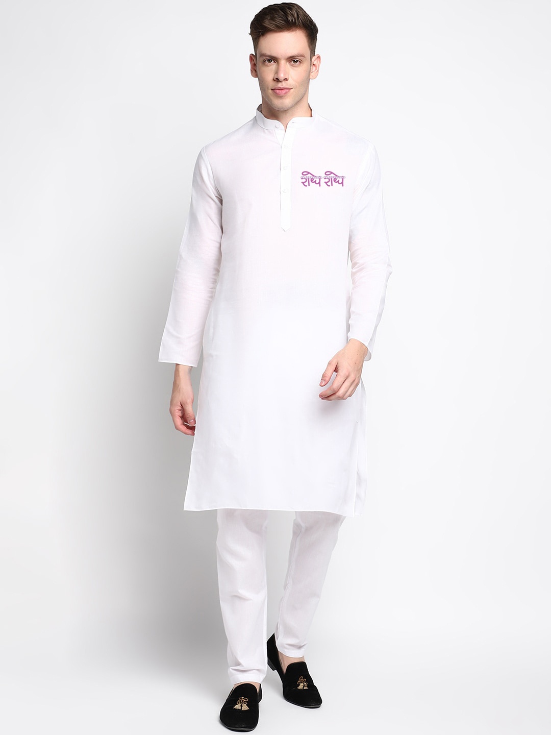 

DEVOILER Typography Printed Band Collar Block Print Straight Kurta, White