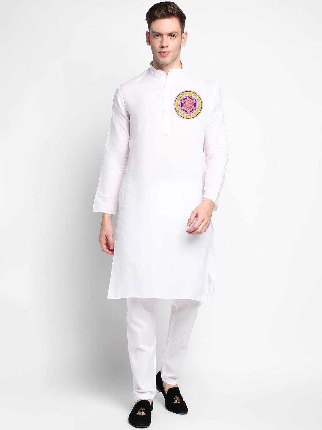 

DEVOILER Ethnic Motifs Printed Band Collar Straight Kurta, White