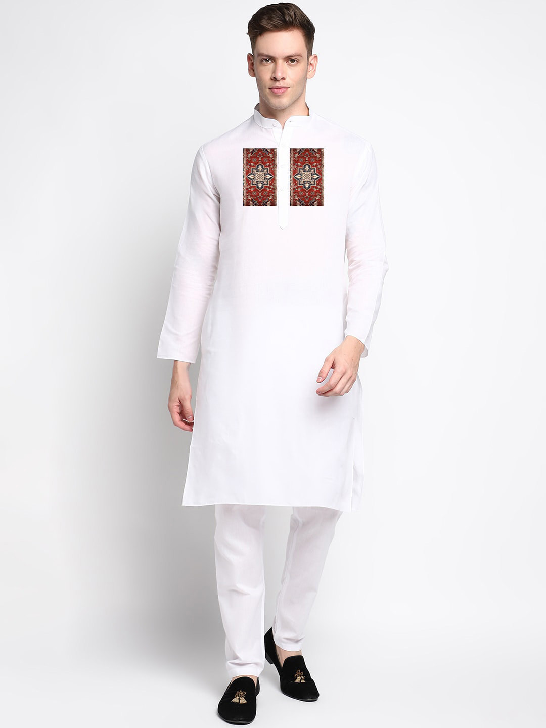 

DEVOILER Ethnic Motifs Digital Printed Band Collar Kurta, White