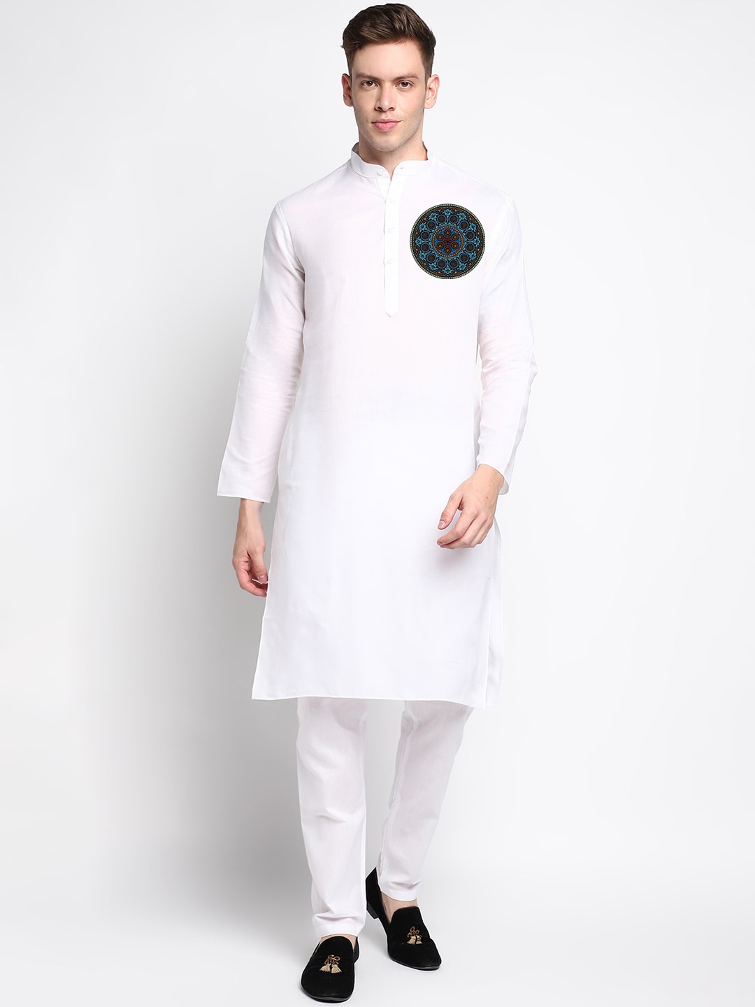 

DEVOILER Ethnic Motifs Printed Band Collar Digital Print Straight Kurta, White