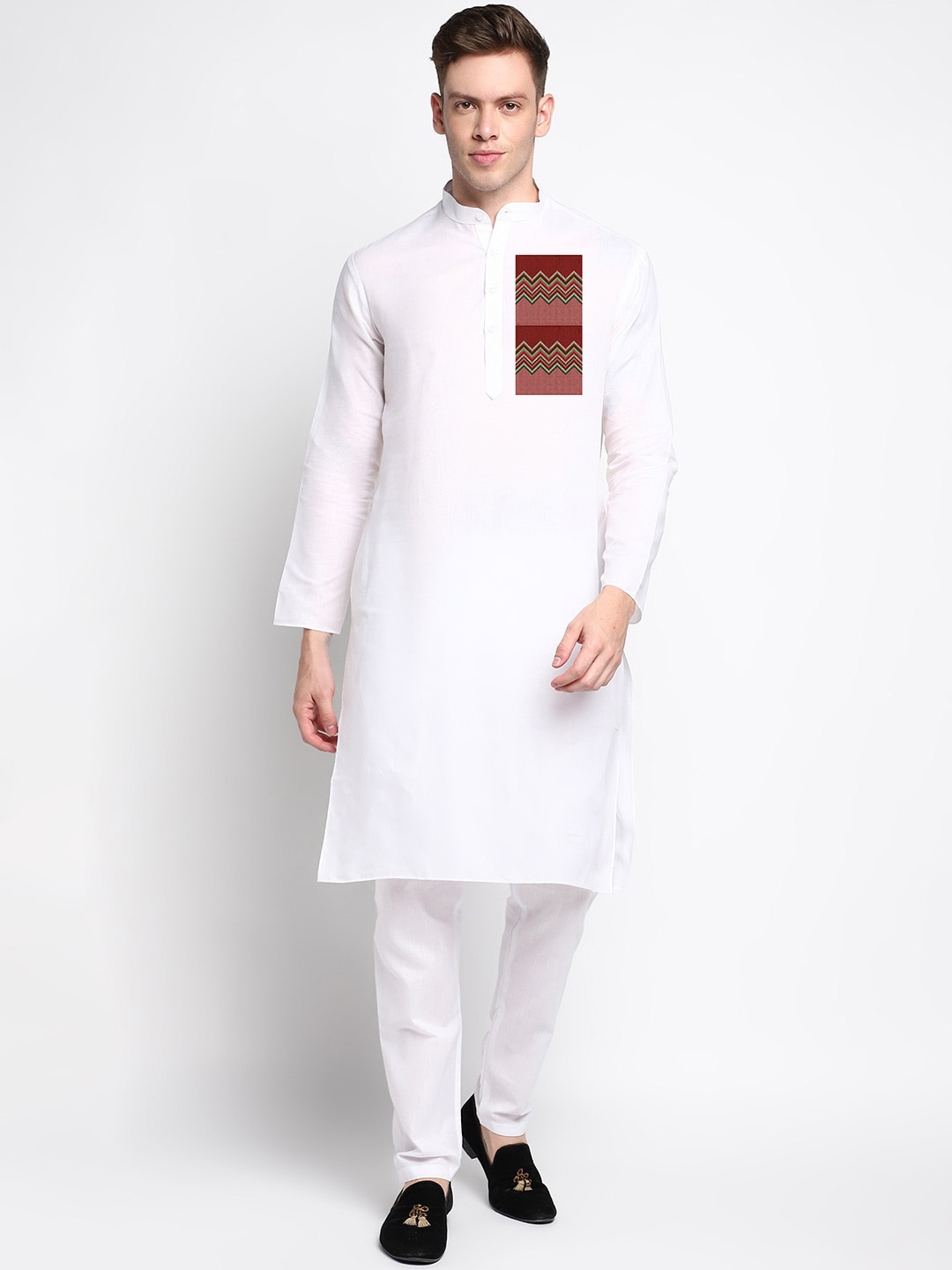 

DEVOILER Geometric Printed Band Collar Digital Printed Straight Kurta, White