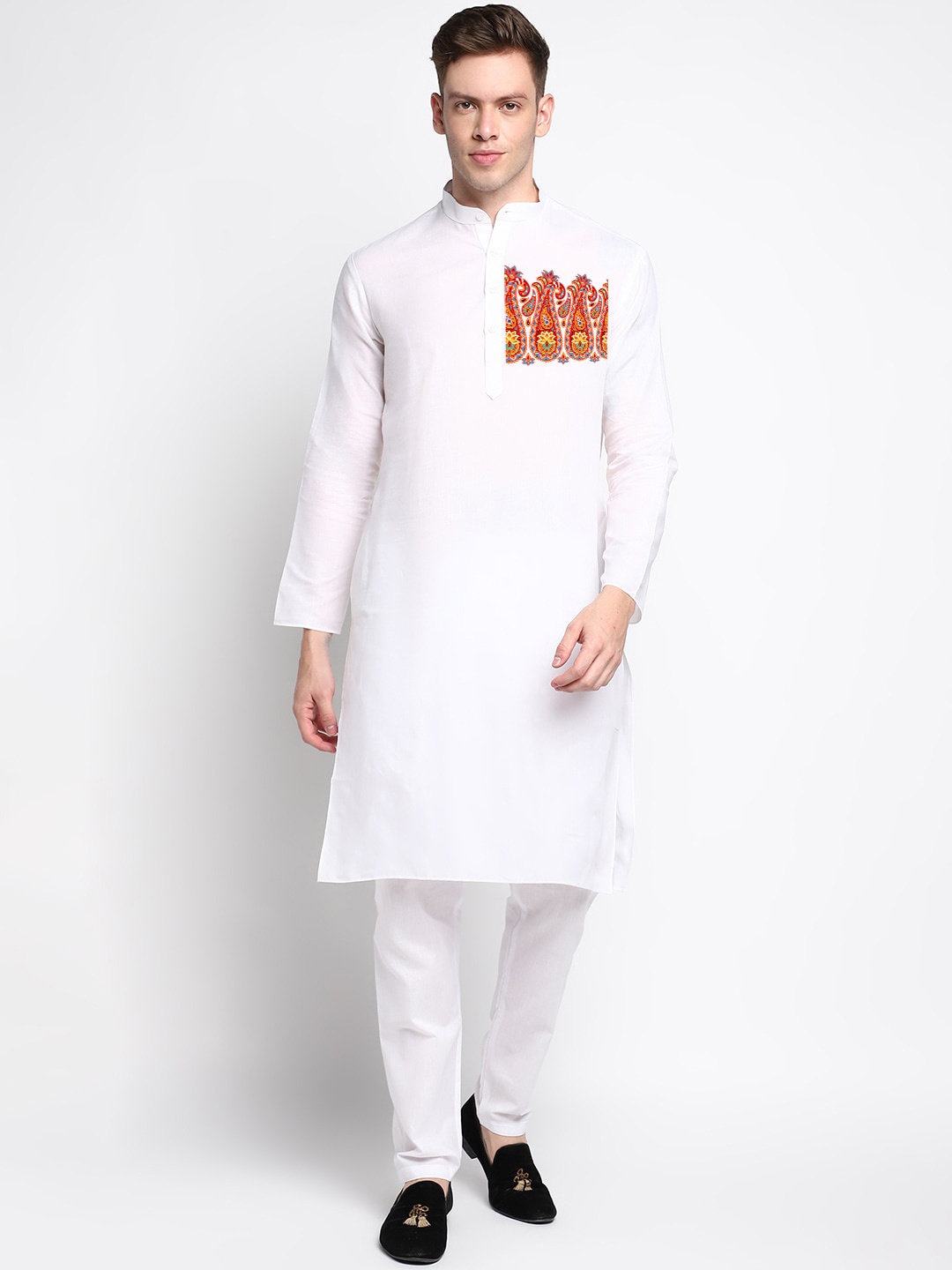 

DEVOILER Paisley Printed Band Collar Straight Kurta, White