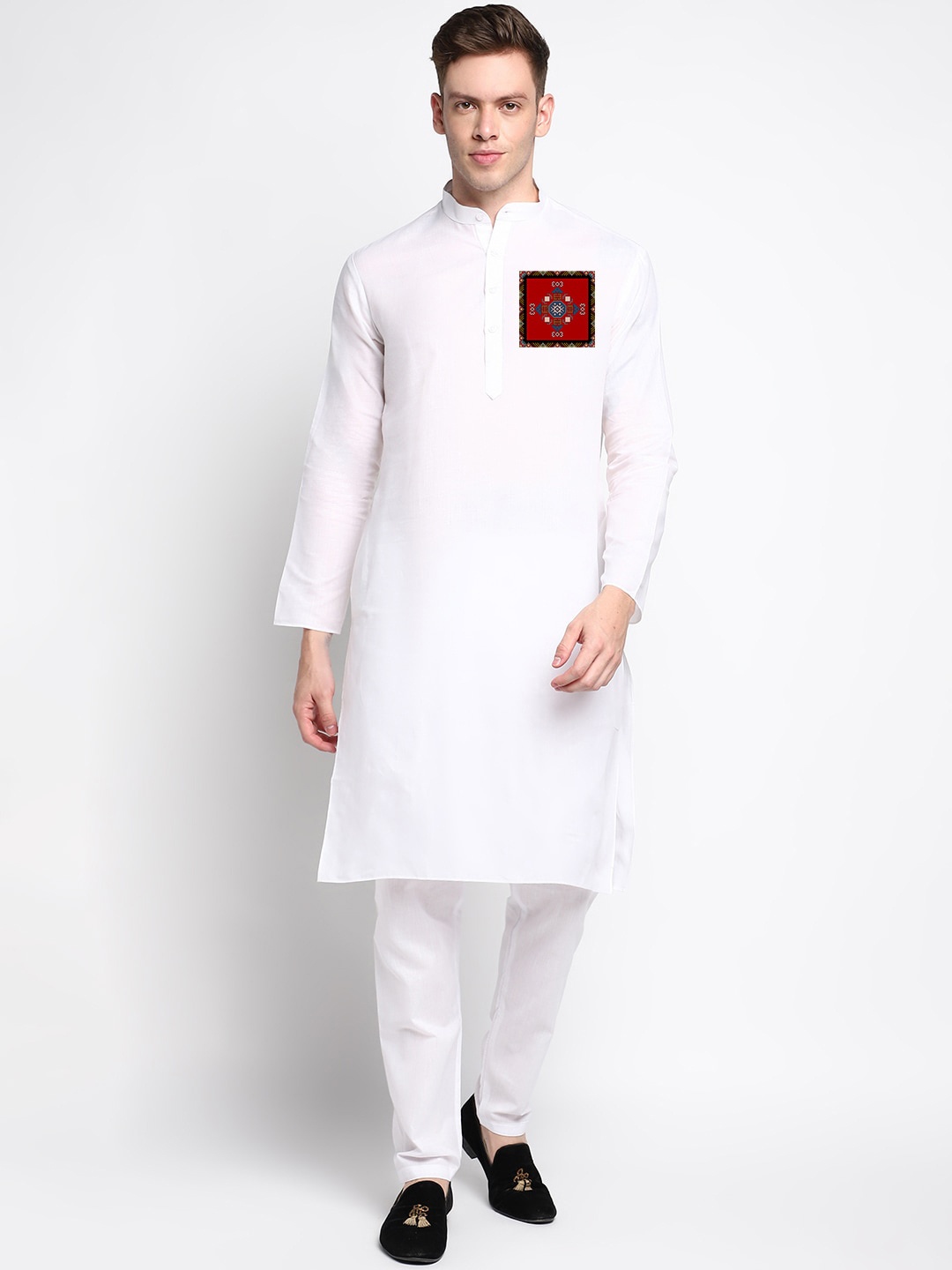

DEVOILER Ethnic Motifs Printed Band Collar Straight Kurta, White