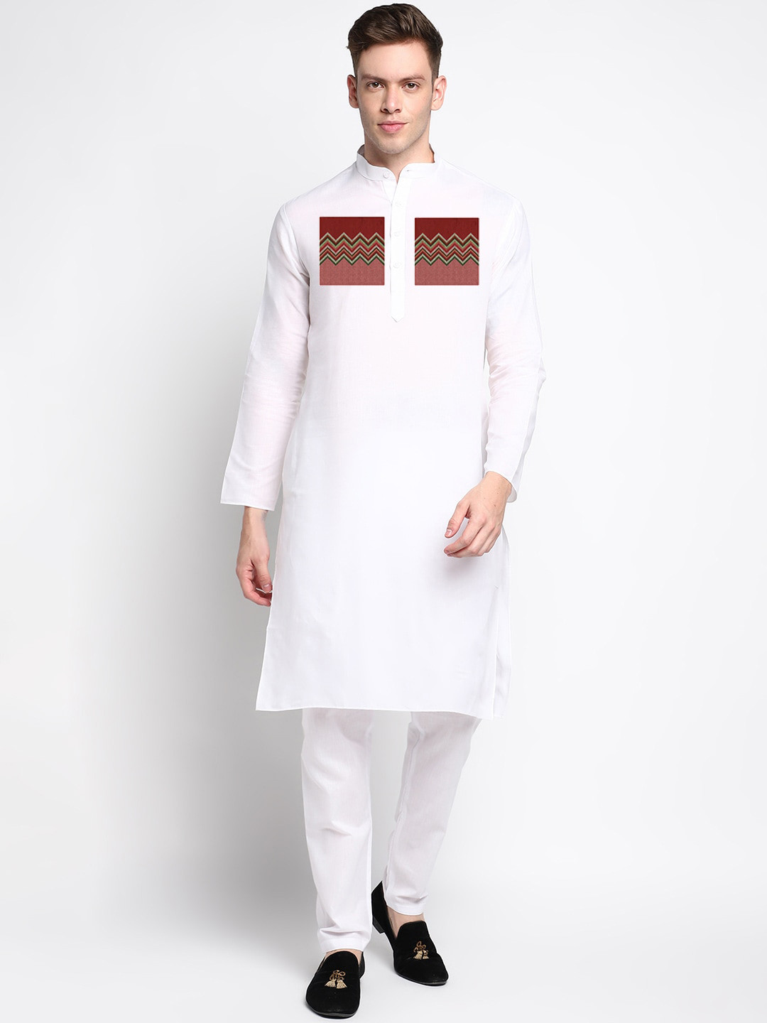 

DEVOILER Geometric Printed Band Collar Straight Kurta, White