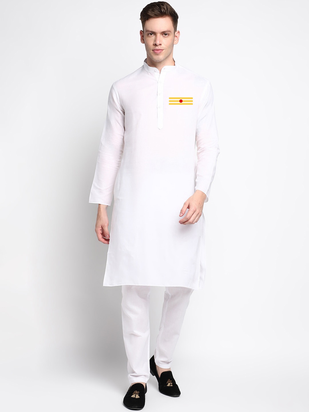 

DEVOILER Ethnic Motifs Printed Band Collar Block Print Straight Kurta, White