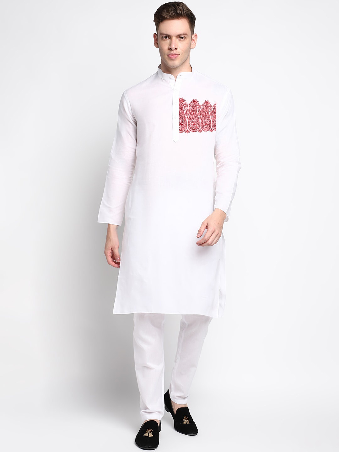 

DEVOILER Ethnic Motifs Printed Band Collar Straight Kurta, White