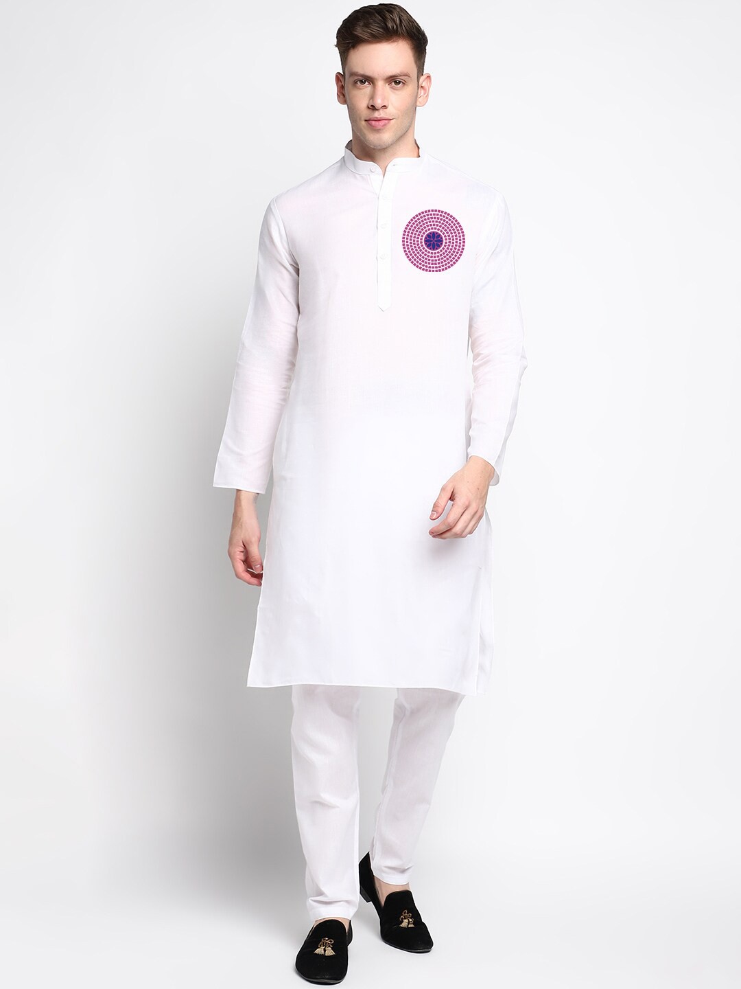 

DEVOILER Ethnic Motifs Printed Mandarin Collar Kurta With Pyjamas, White