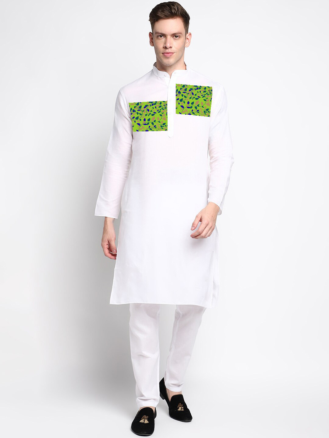 

DEVOILER Ethnic Motifs Printed Band Collar White Romance Straight Kurta with Pyjamas