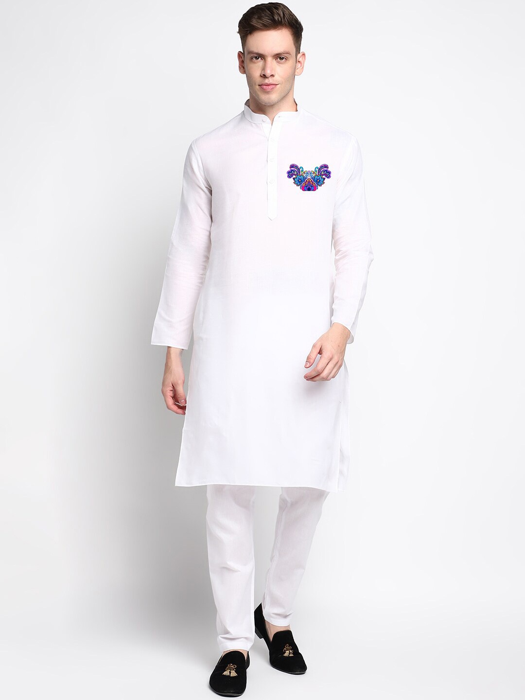 

DEVOILER Ethnic Motifs Printed Mandarin Collar Kurta with Pyjamas, White