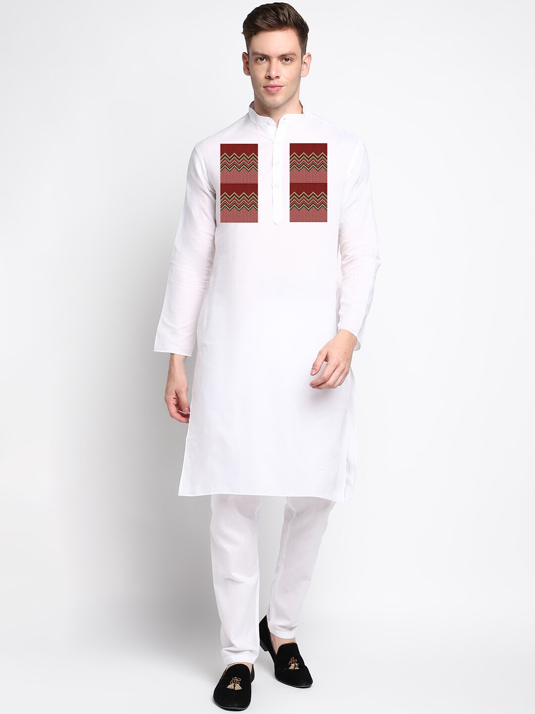 

DEVOILER Ethnic Motifs Printed Mandarin Collar Long Sleeves Regular Kurta With Pyjamas, White
