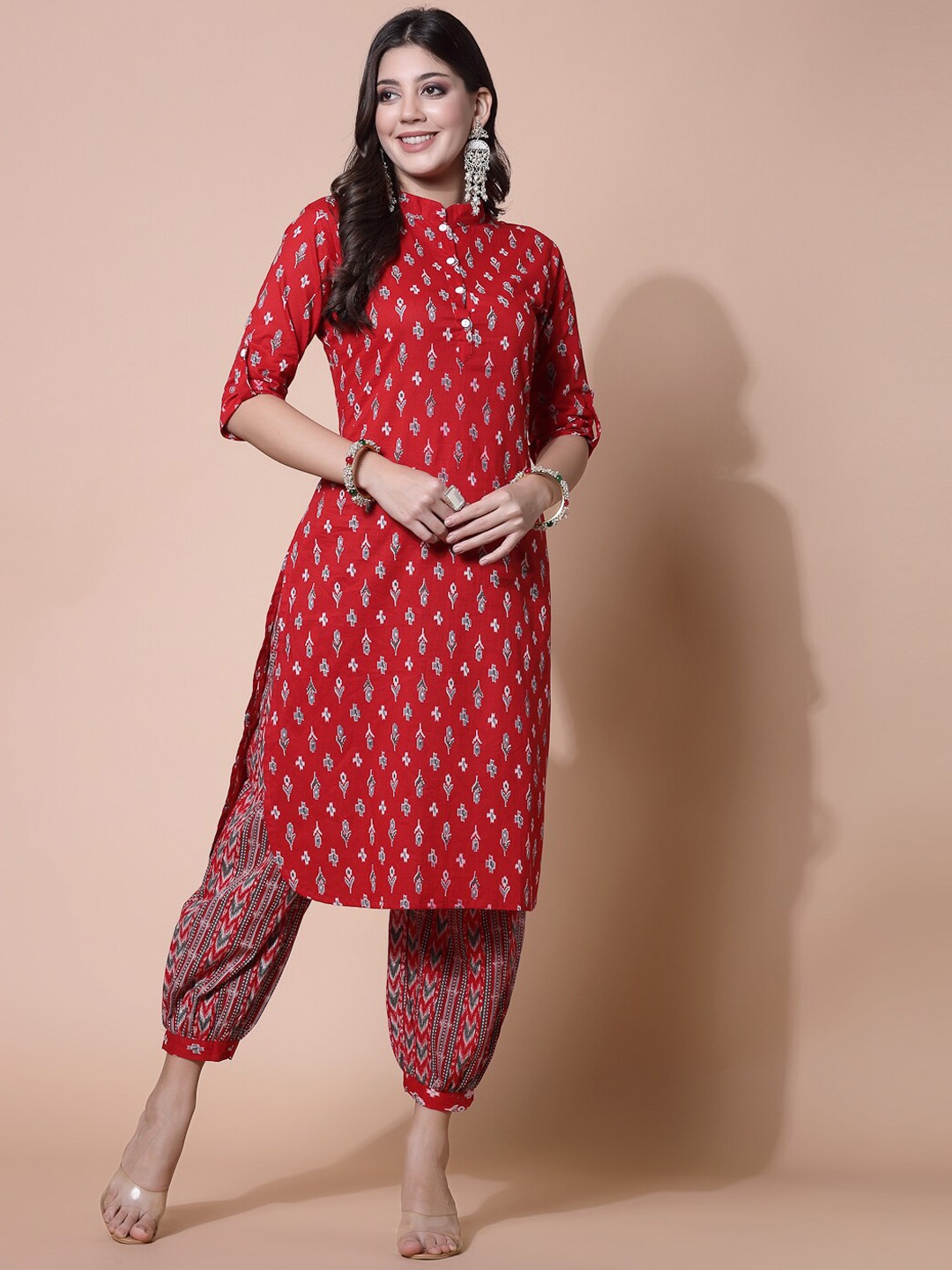 

LARGISH Ethnic Motifs Printed Regular Pure Cotton Kurta With Salwar, Red