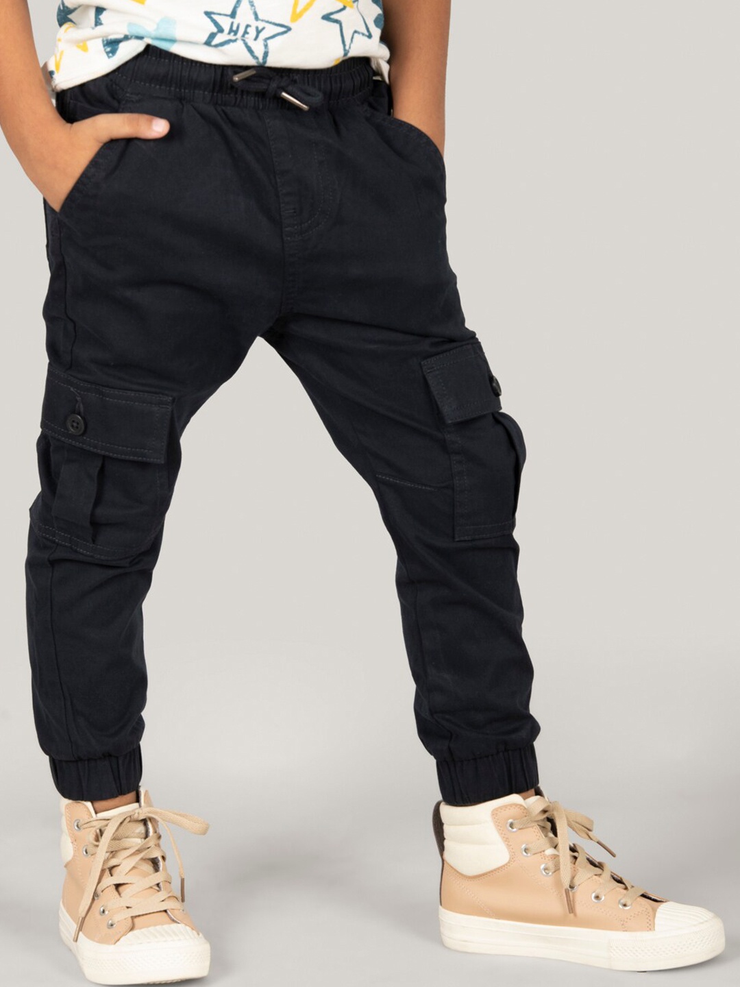 

Zalio Boys Mid Rise Cargo Style Pure Cotton Joggers, Navy blue