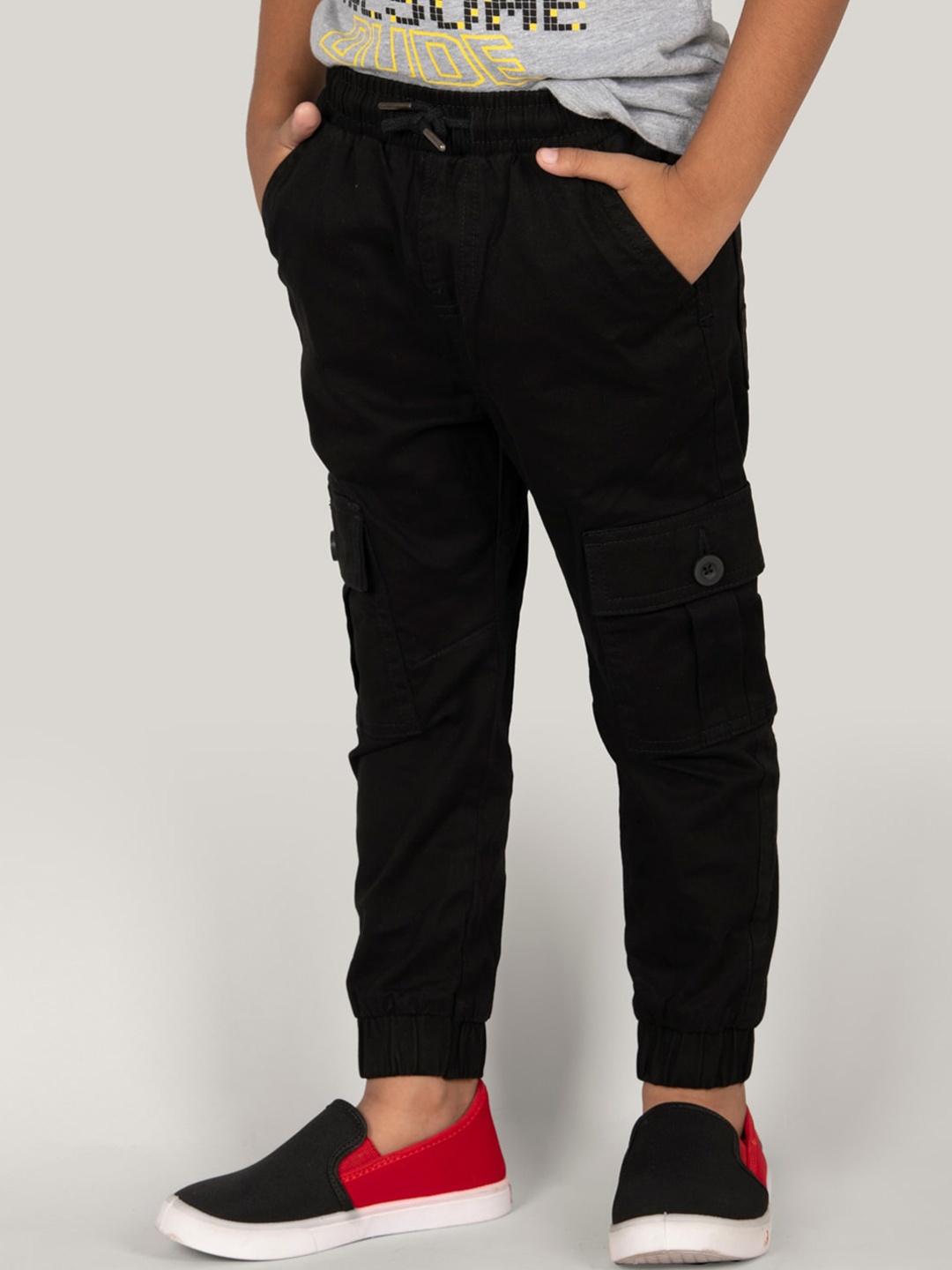 

Zalio Boys Mid Rise Cargo Style Pure Cotton Joggers, Black