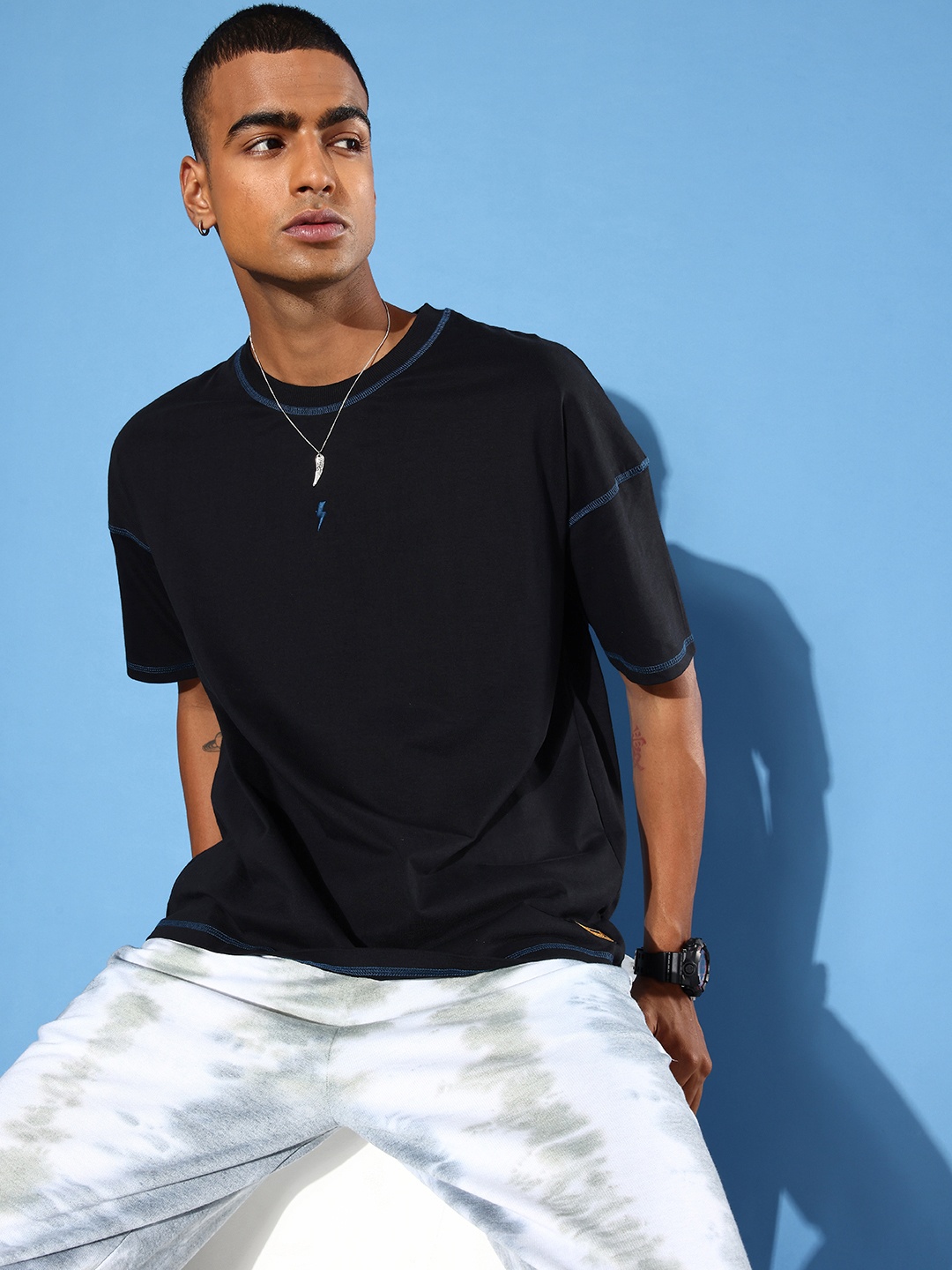 Stormborn Men Drop-Shoulder Sleeves Oversized Pure Cotton T-shirt, Black